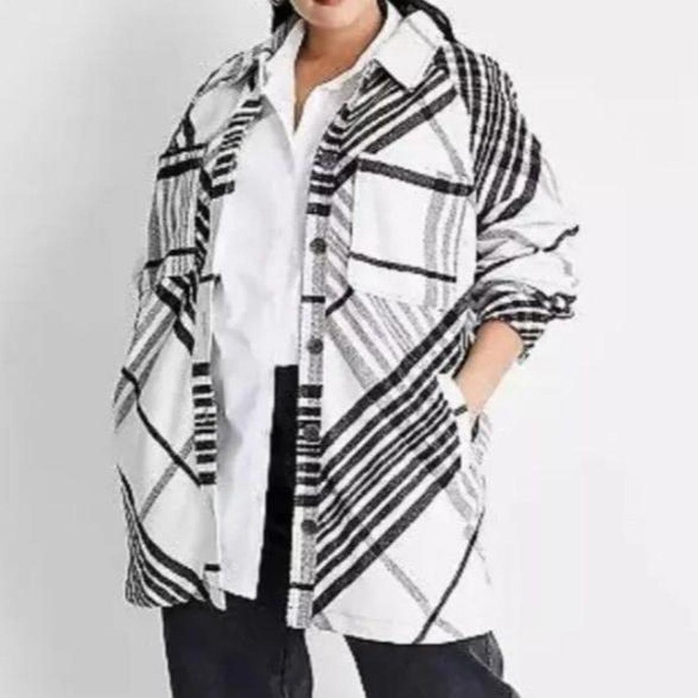 Future Collective Kahlana Barfield Brown Plaid Shacket 1X Black White Classic